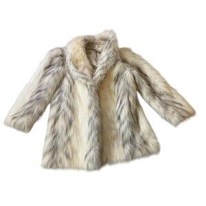 Vintage Luxury Faux Fur Coat Jacket Womens White & Gray Long Sleeve